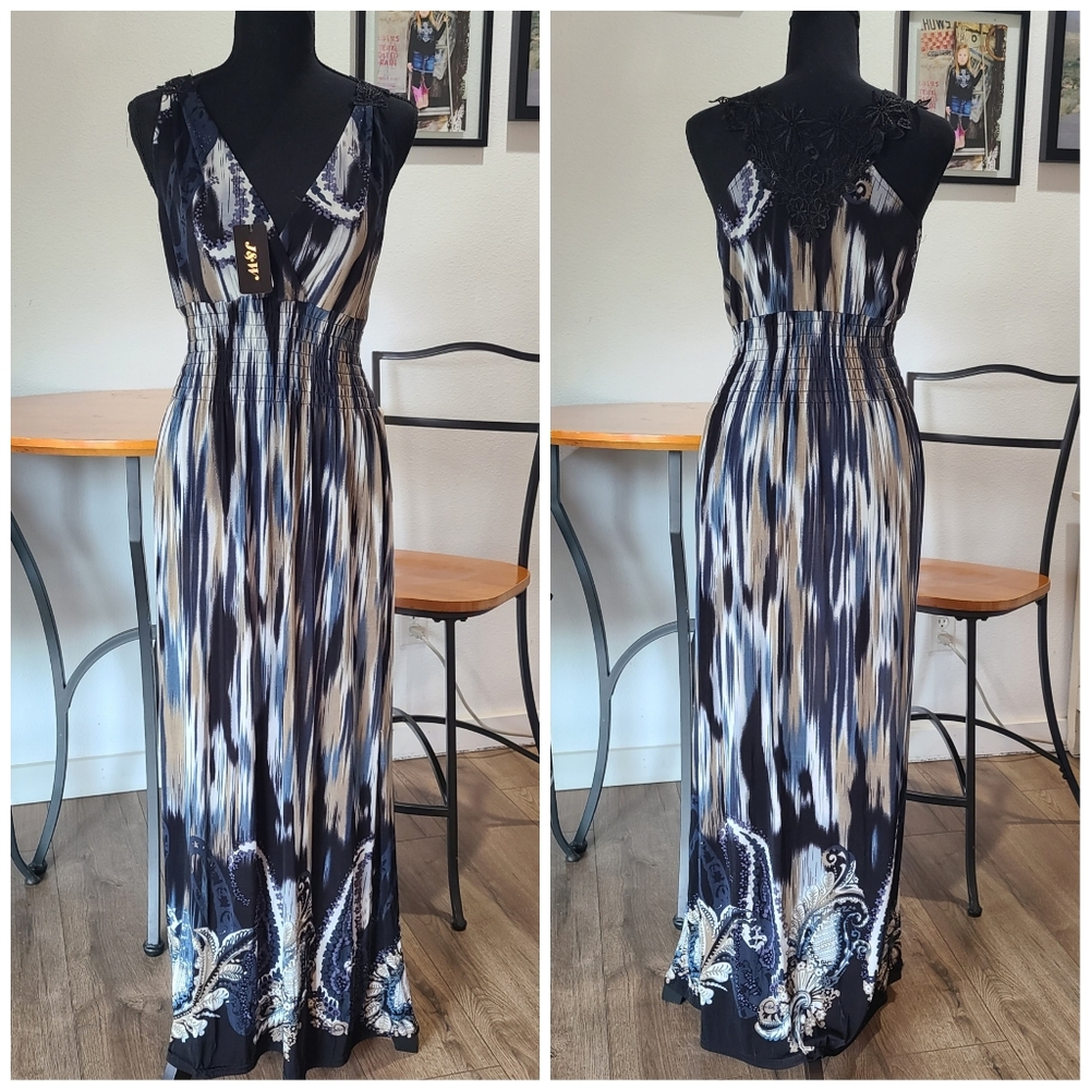 NWT'S - J & W - Long Silky Dress, Stripe & Paisly Print, Lace Back- size Large 